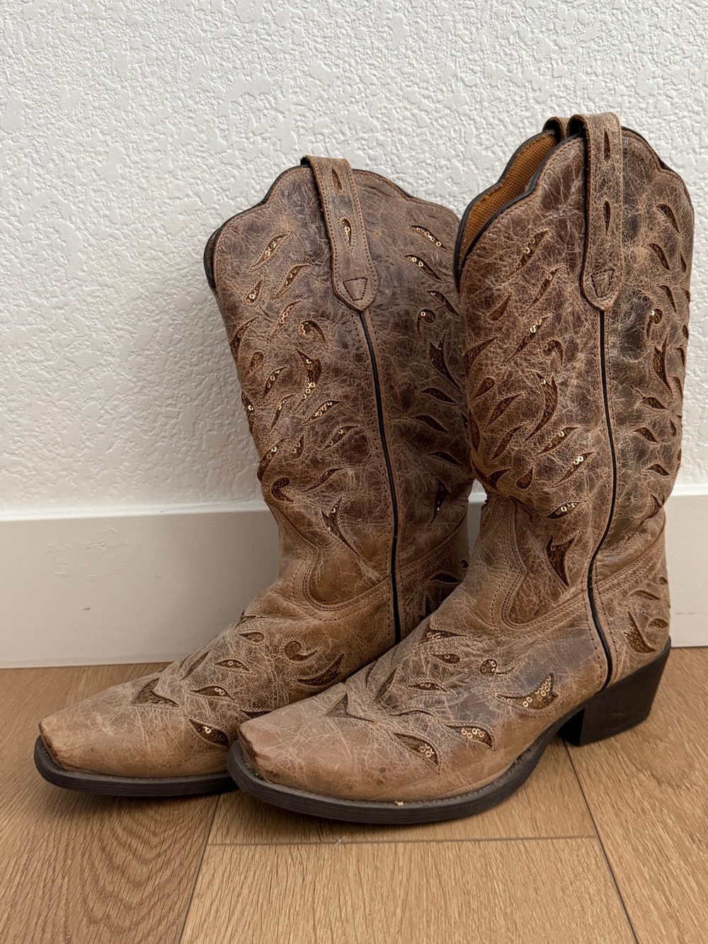 Laredo Tan Distressed Gold Sequin Western Boots